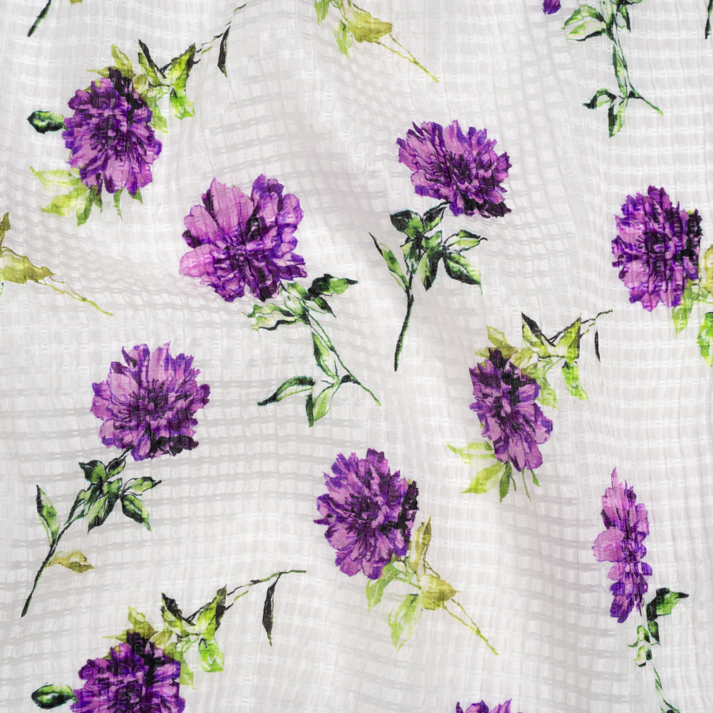 Ruched Silk Blend Striped Dobby Made in Italy - Purple, Green and White Scattered Carnations - Deadstock - Drape