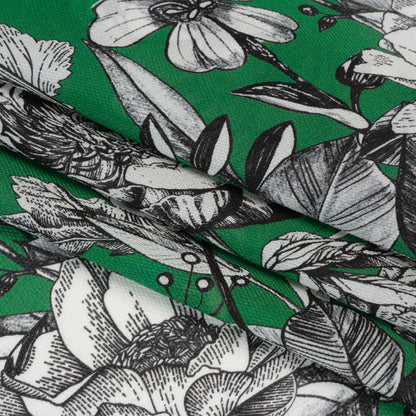 Lightweight Silk Pique Print Made in Italy - Kelly Green, Black and White Flowers - Deadstock