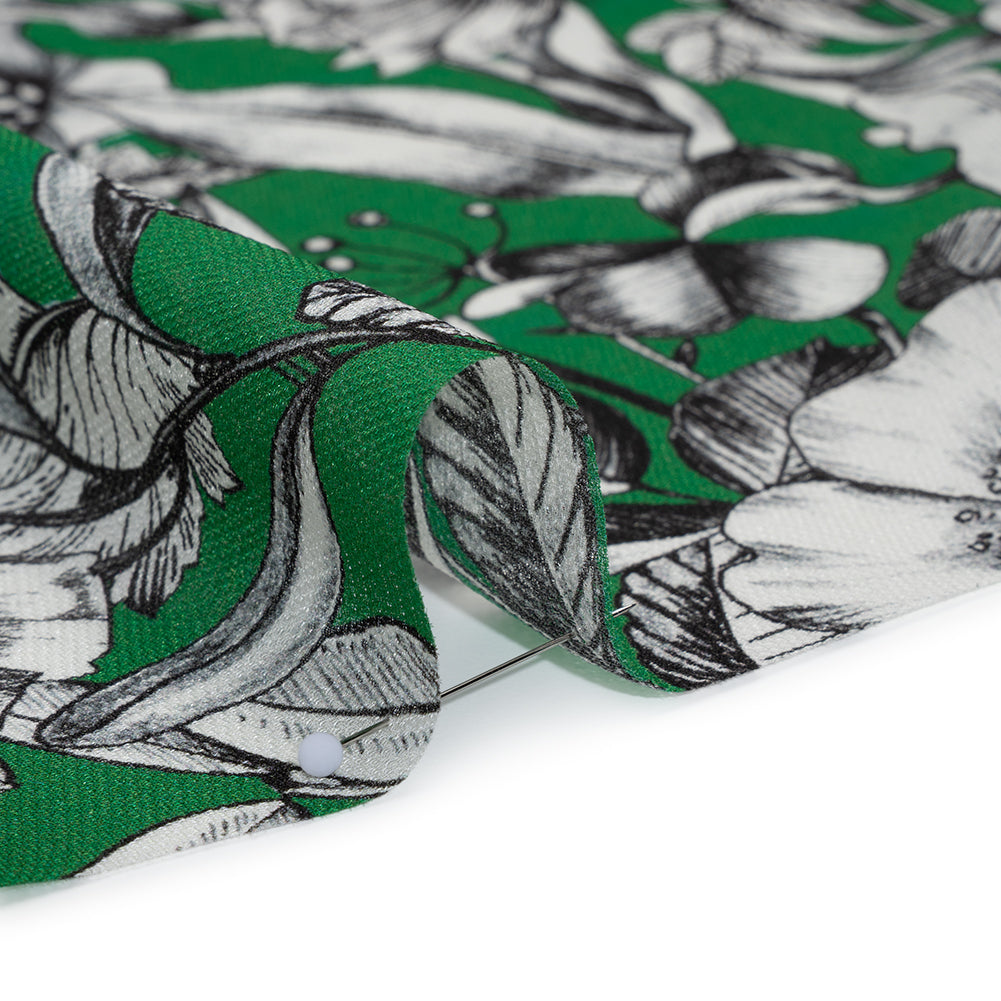 Lightweight Silk Pique Print Made in Italy - Kelly Green, Black and White Flowers - Deadstock - Detail