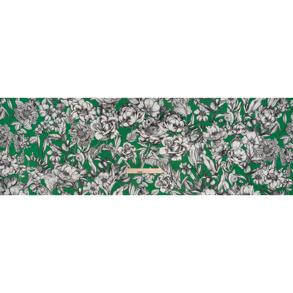 Lightweight Silk Pique Print Made in Italy - Kelly Green, Black and White Flowers - Deadstock - Full