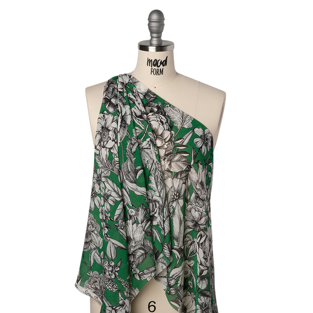 Lightweight Silk Pique Print Made in Italy - Kelly Green, Black and White Flowers - Deadstock - Drape