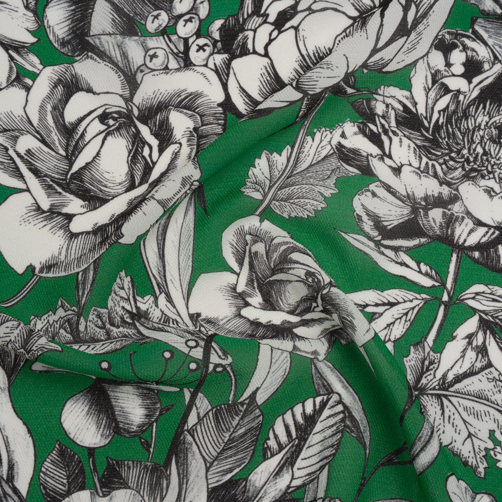 Lightweight Silk Pique Print Made in Italy - Kelly Green, Black and White Flowers - Deadstock