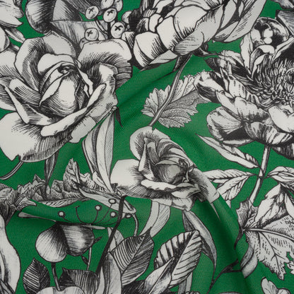 Lightweight Silk Pique Print Made in Italy - Kelly Green, Black and White Flowers - Deadstock