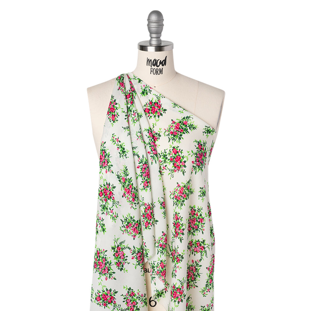 Silk Georgette Print - Pink, Green and Ivory Flower Bunches - Deadstock - Folded