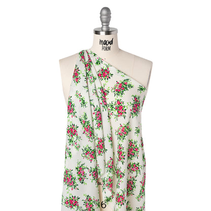 Silk Georgette Print - Pink, Green and Ivory Flower Bunches - Deadstock