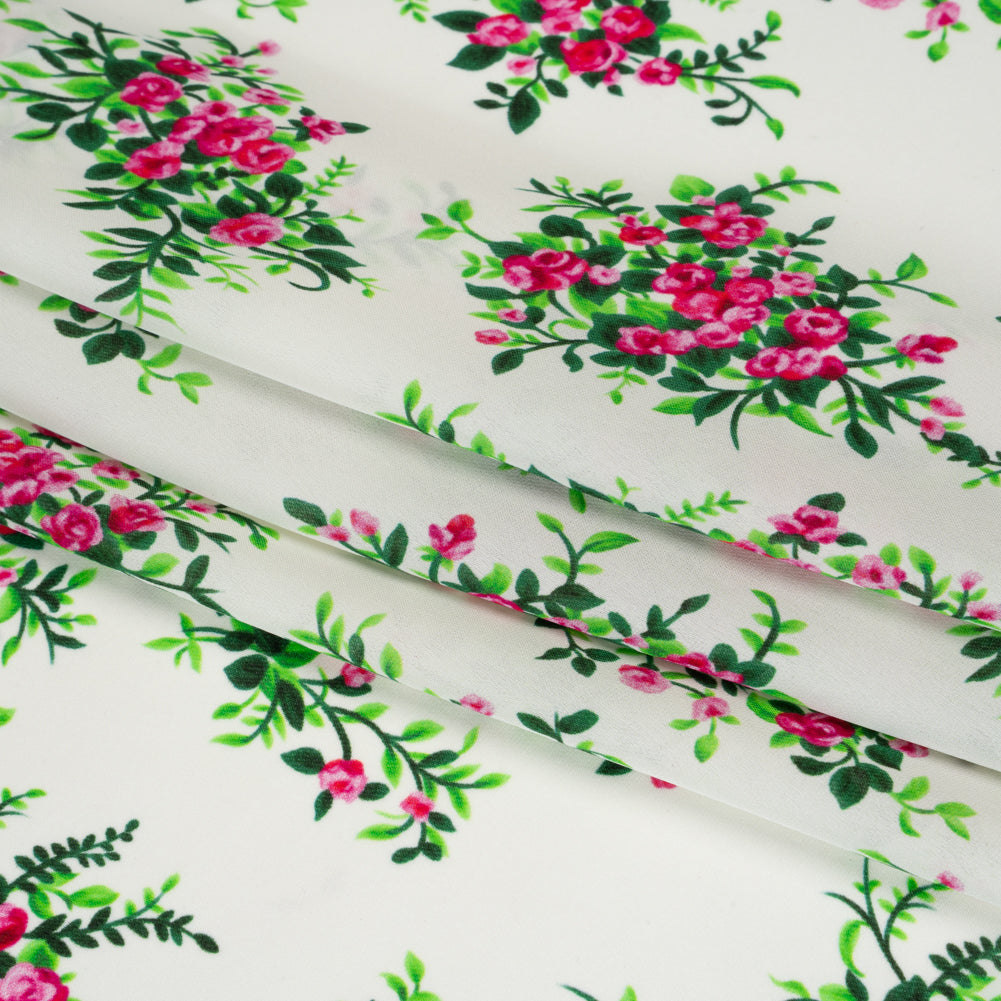 Silk Georgette Print - Pink, Green and Ivory Flower Bunches - Deadstock - Detail