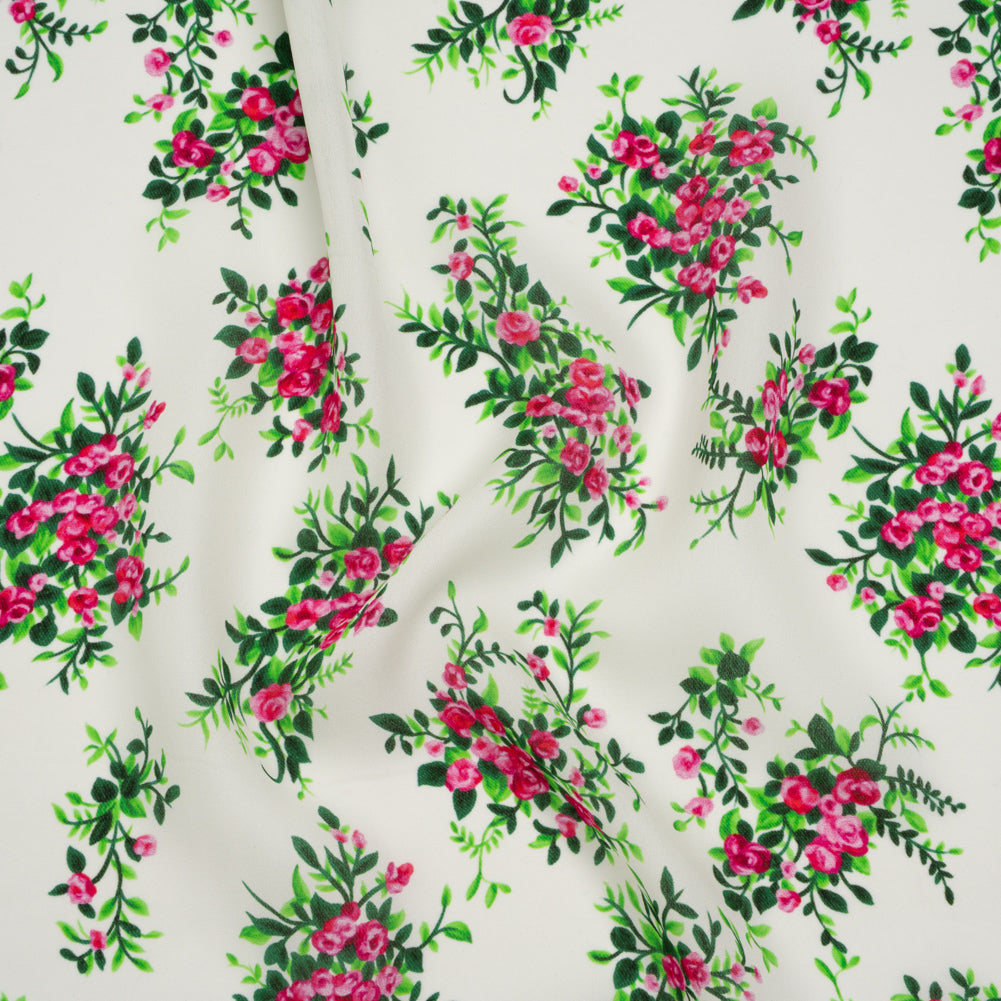 Silk Georgette Print - Pink, Green and Ivory Flower Bunches - Deadstock - Drape