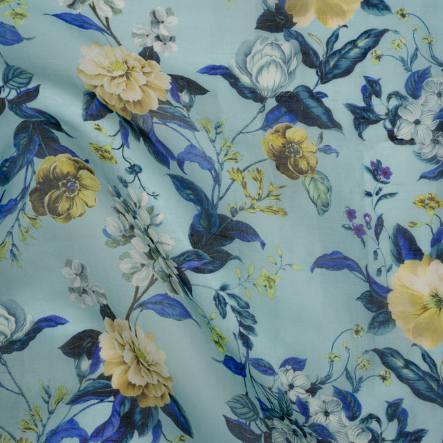 Slubbed Raw Silk Organza Print Made in Italy - Sky Blue, Ultramarine and Yellow Floral - Deadstock Drape
