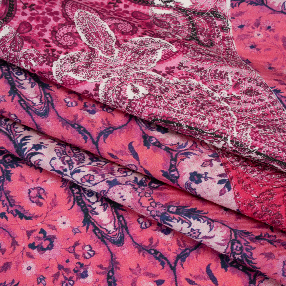 Silk Twill Panel Made in Italy - Fuchsia, Purple and Pink Paisley, Floral and Stripes - Deadstock - Folded