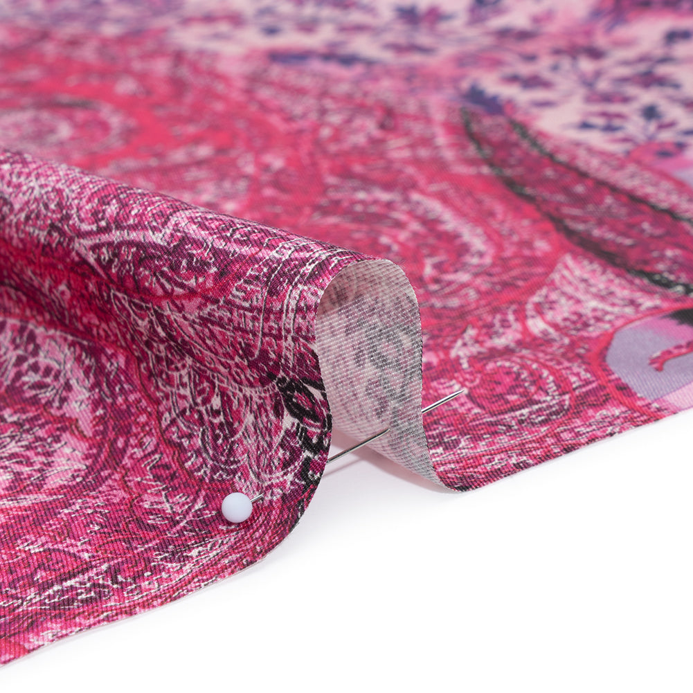 Silk Twill Panel Made in Italy - Fuchsia, Purple and Pink Paisley, Floral and Stripes - Deadstock - Detail