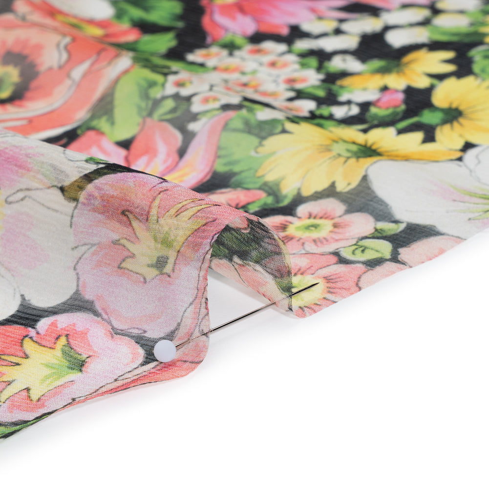 Silk Voile Print Made in Italy - Pink, Yellow and Green Flower Garden - Deadstock - Full - Image 4 of 5