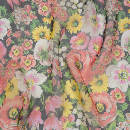 Silk Voile Print Made in Italy - Pink, Yellow and Green Flower Garden - Deadstock