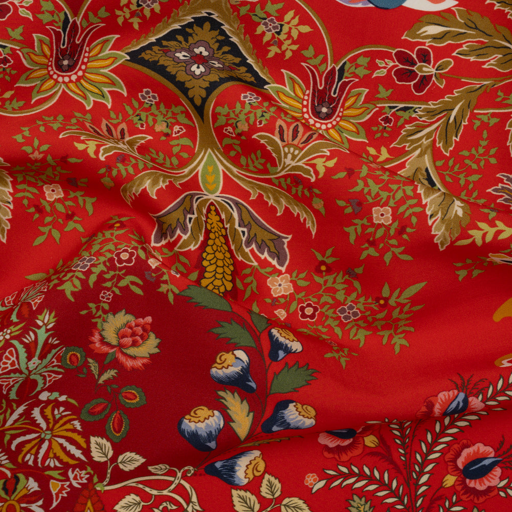 Silk Poplin Print Made in Italy - Red, Green and Golden Yellow Flowers and Crests - Deadstock Drape