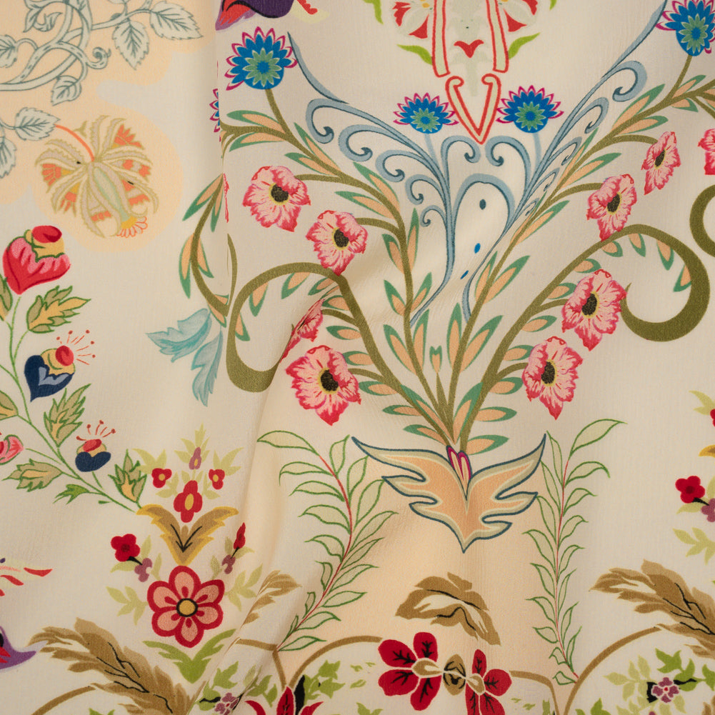 Crinkled Silk Crepe de Chine Print Made in Italy - Beige, Tan and Red Flowers and Crests - Deadstock Drape