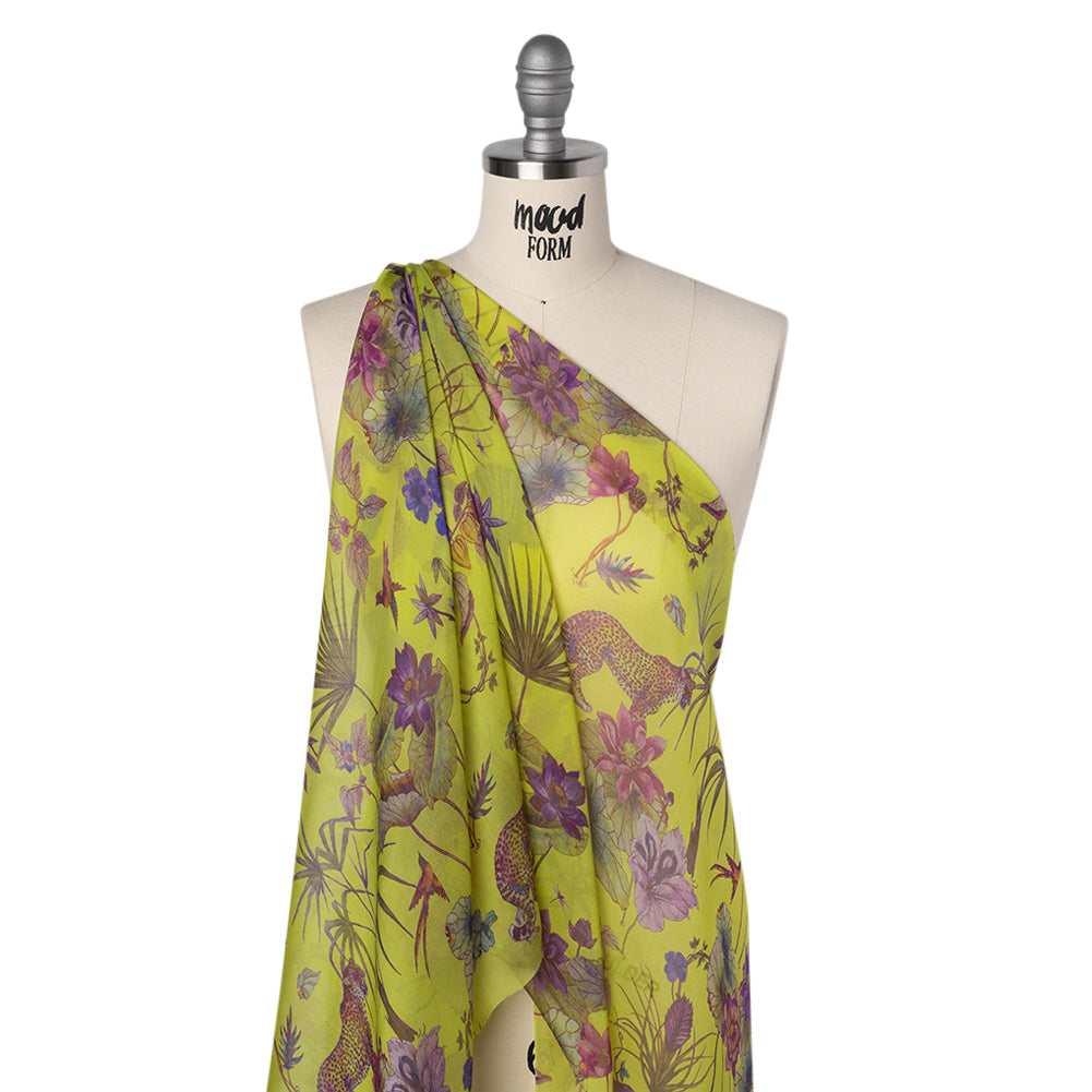 Silk Voile Print Made in Italy - Chartreuse Green, Purple and Blue Tropical Flora and Fauna - Deadstock