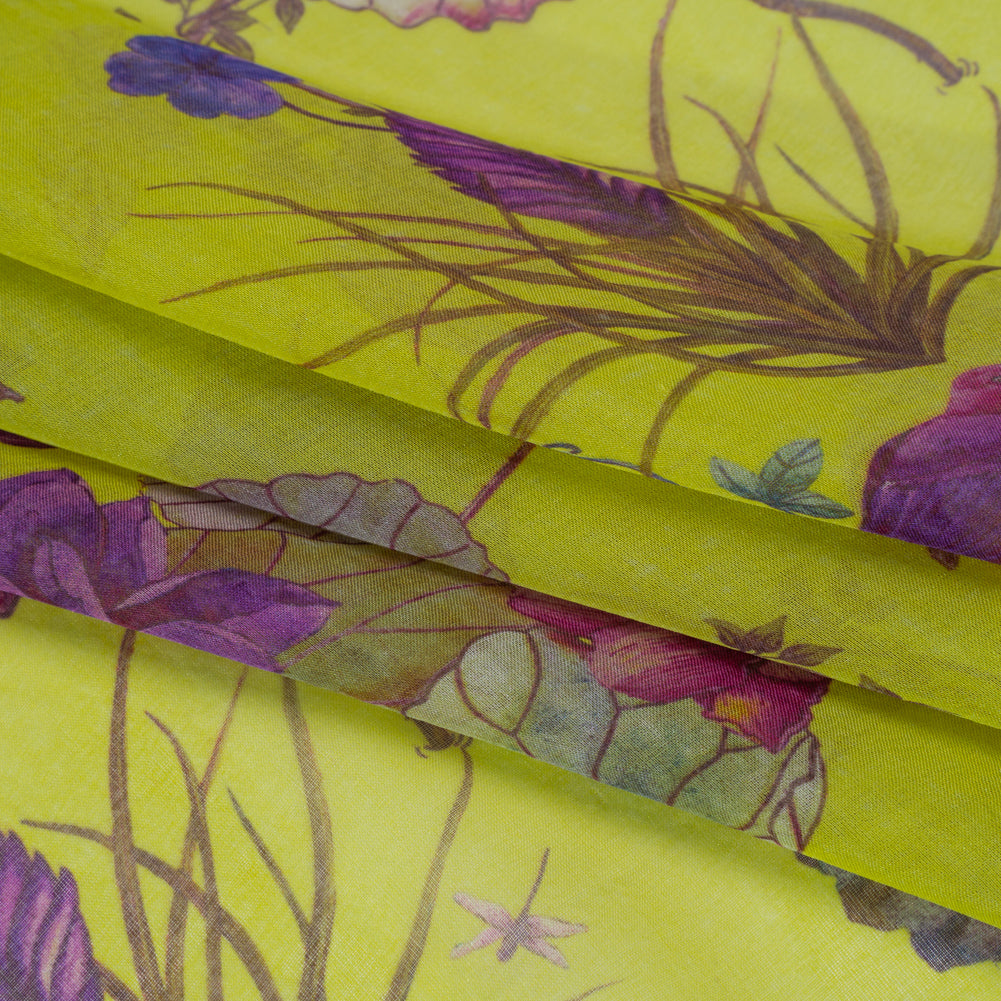 Silk Voile Print Made in Italy - Chartreuse Green, Purple and Blue Tropical Flora and Fauna - Deadstock