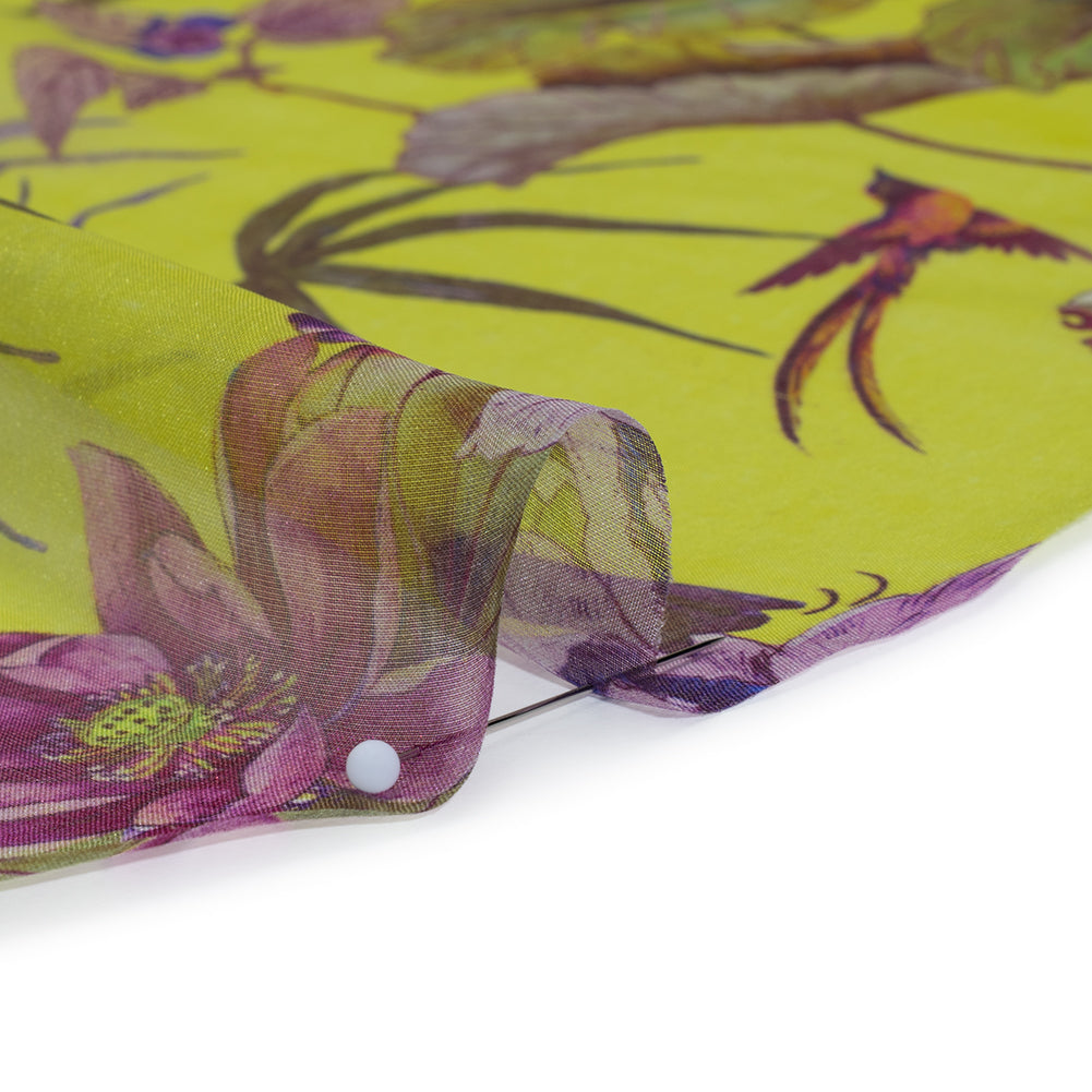 Silk Voile Print Made in Italy - Chartreuse Green, Purple and Blue Tropical Flora and Fauna - Deadstock