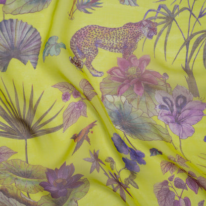 Silk Voile Print Made in Italy - Chartreuse Green, Purple and Blue Tropical Flora and Fauna - Deadstock