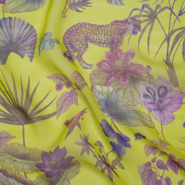 Silk Voile Print Made in Italy - Chartreuse Green, Purple and Blue Tropical Flora and Fauna - Deadstock