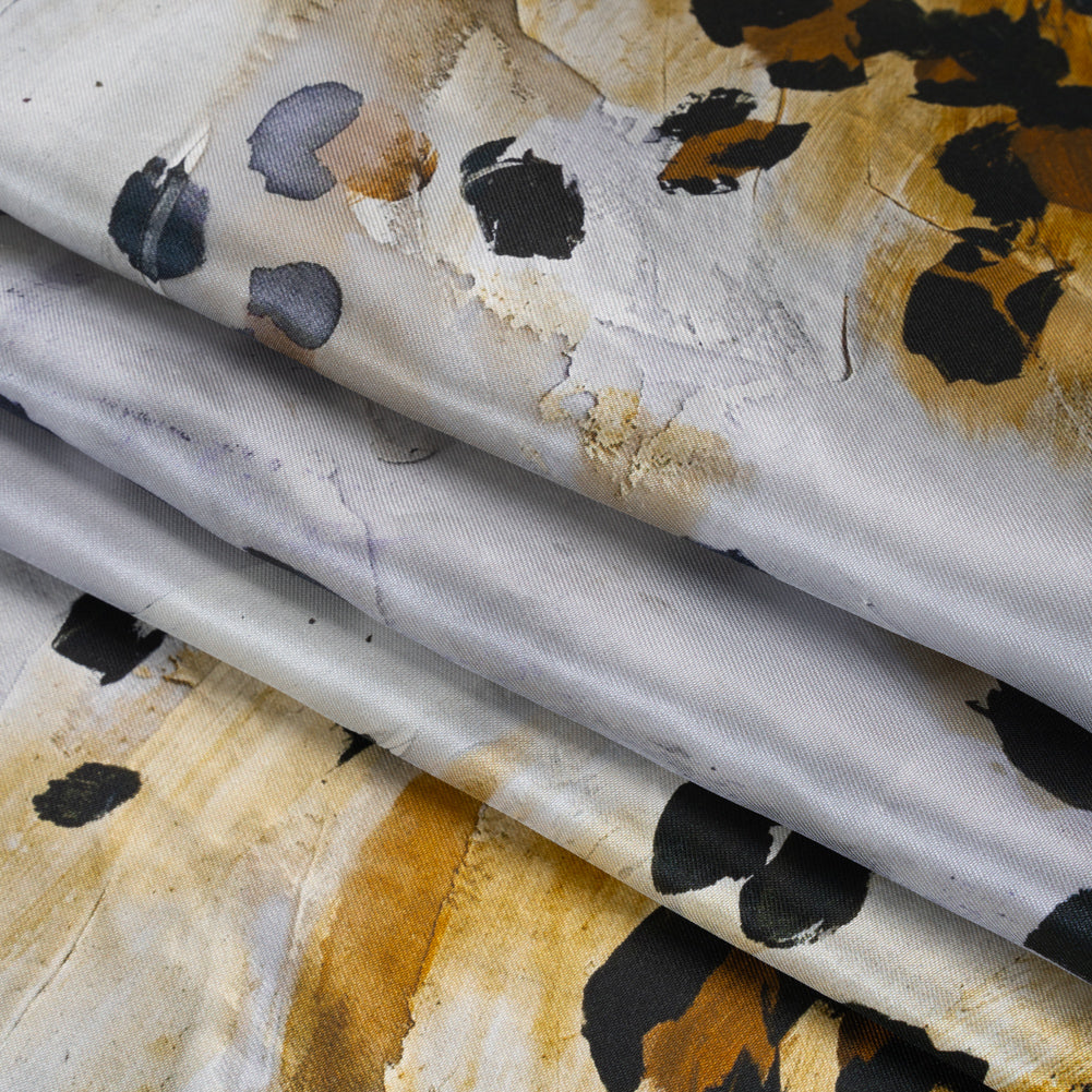 Silk Twill Print Made in Italy - Yellow Ochre, Brown and Black Painted Animal Spots - Deadstock Detail