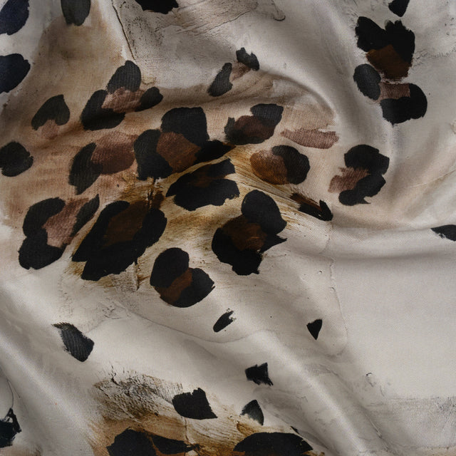 Silk Twill Print Made in Italy - Brown, Beige and Gray Painted Animal Spots - Deadstock Drape