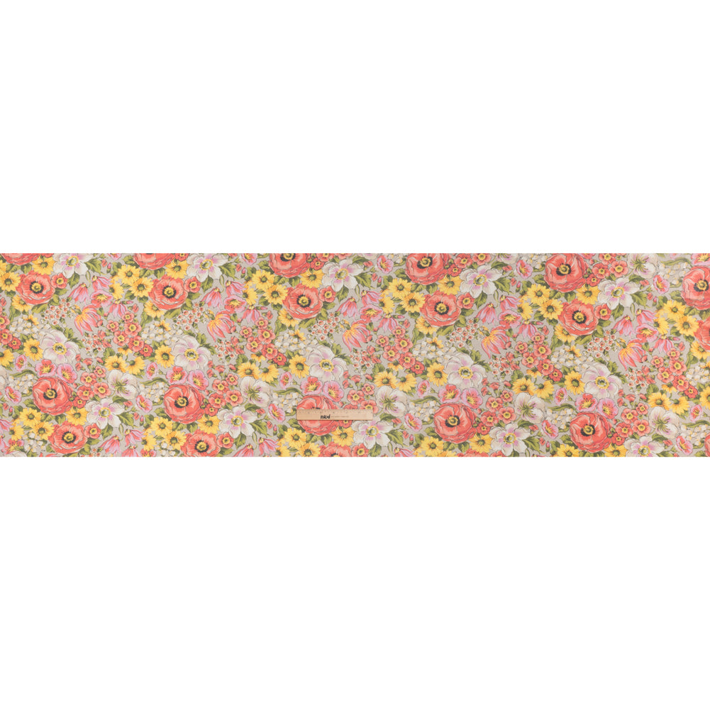 Silk Chiffon Print Made in Italy - Pink, Yellow and Green Flower Garden - Deadstock