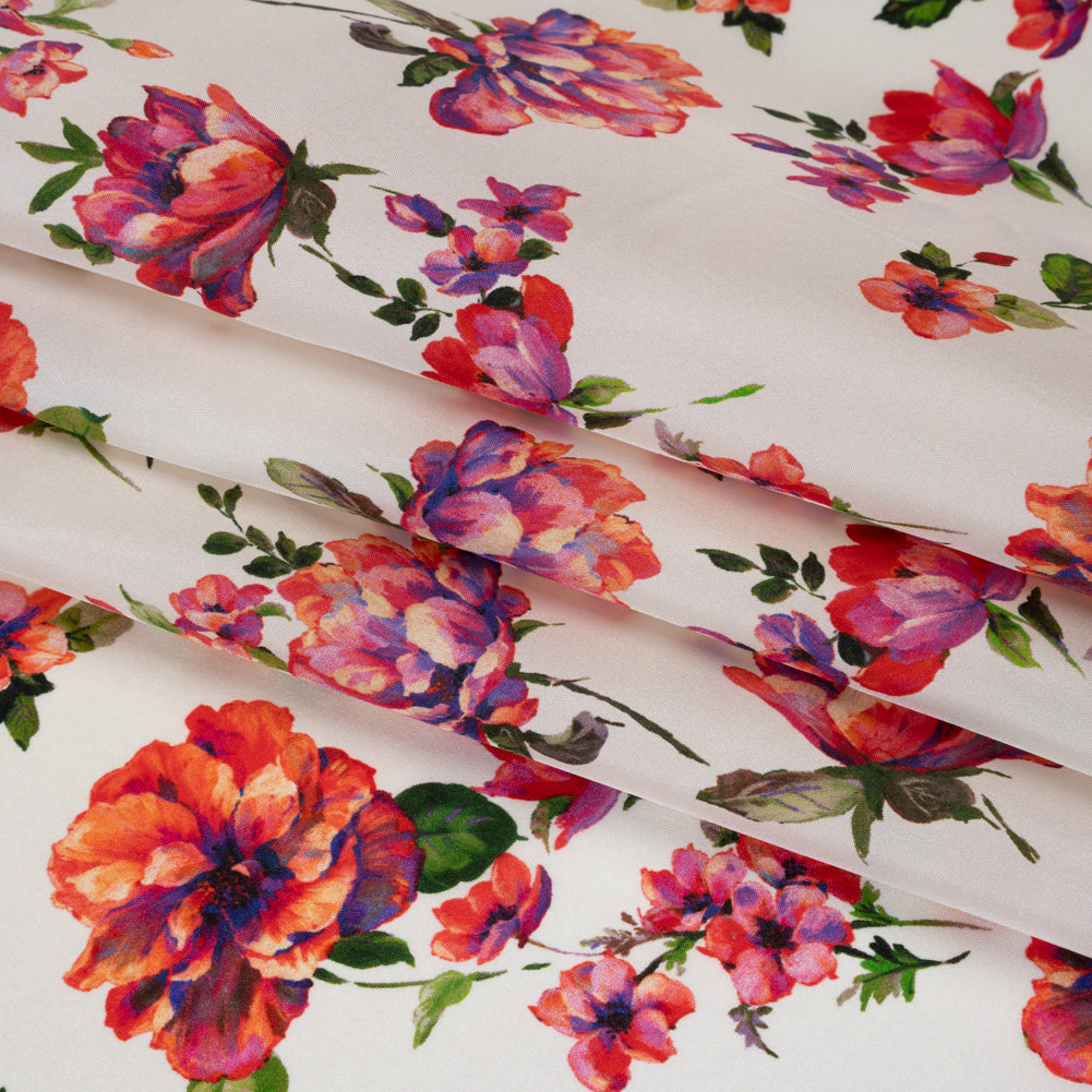 China Silk/Silk Habotai Print Made in Italy - Pink, Ultramarine and Ivory Scattered Flowers - Deadstock
