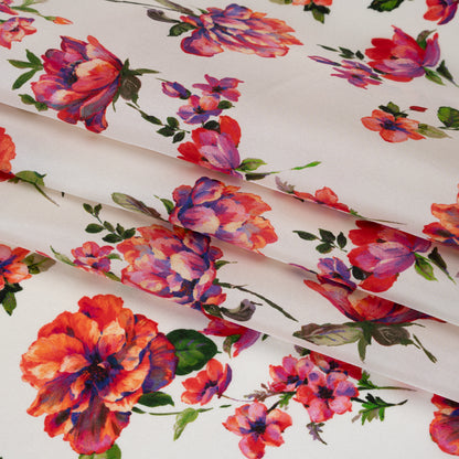 China Silk/Silk Habotai Print Made in Italy - Pink, Ultramarine and Ivory Scattered Flowers - Deadstock