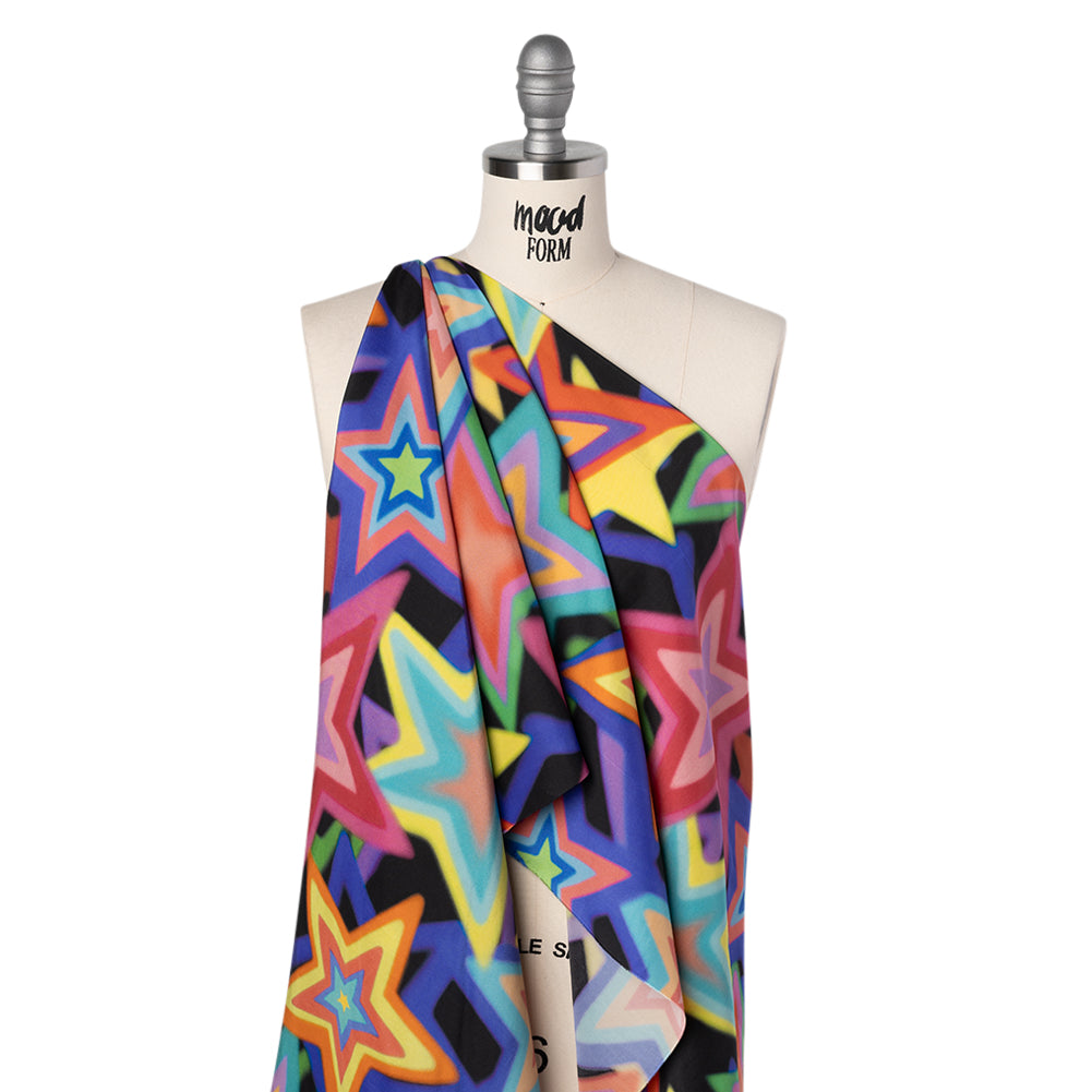 Lightweight Silk Poplin Print Made in Italy - Rainbow on Black Stars - Deadstock