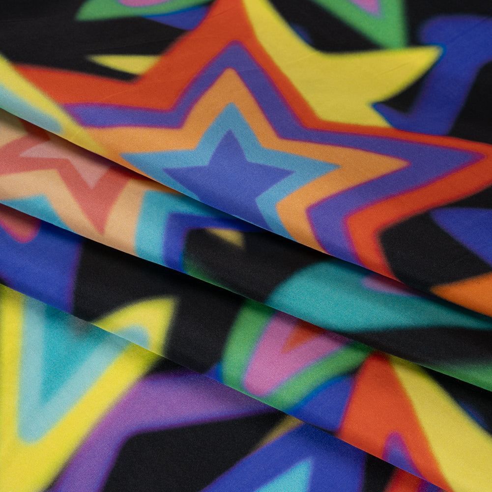 Lightweight Silk Poplin Print Made in Italy - Rainbow on Black Stars - Deadstock