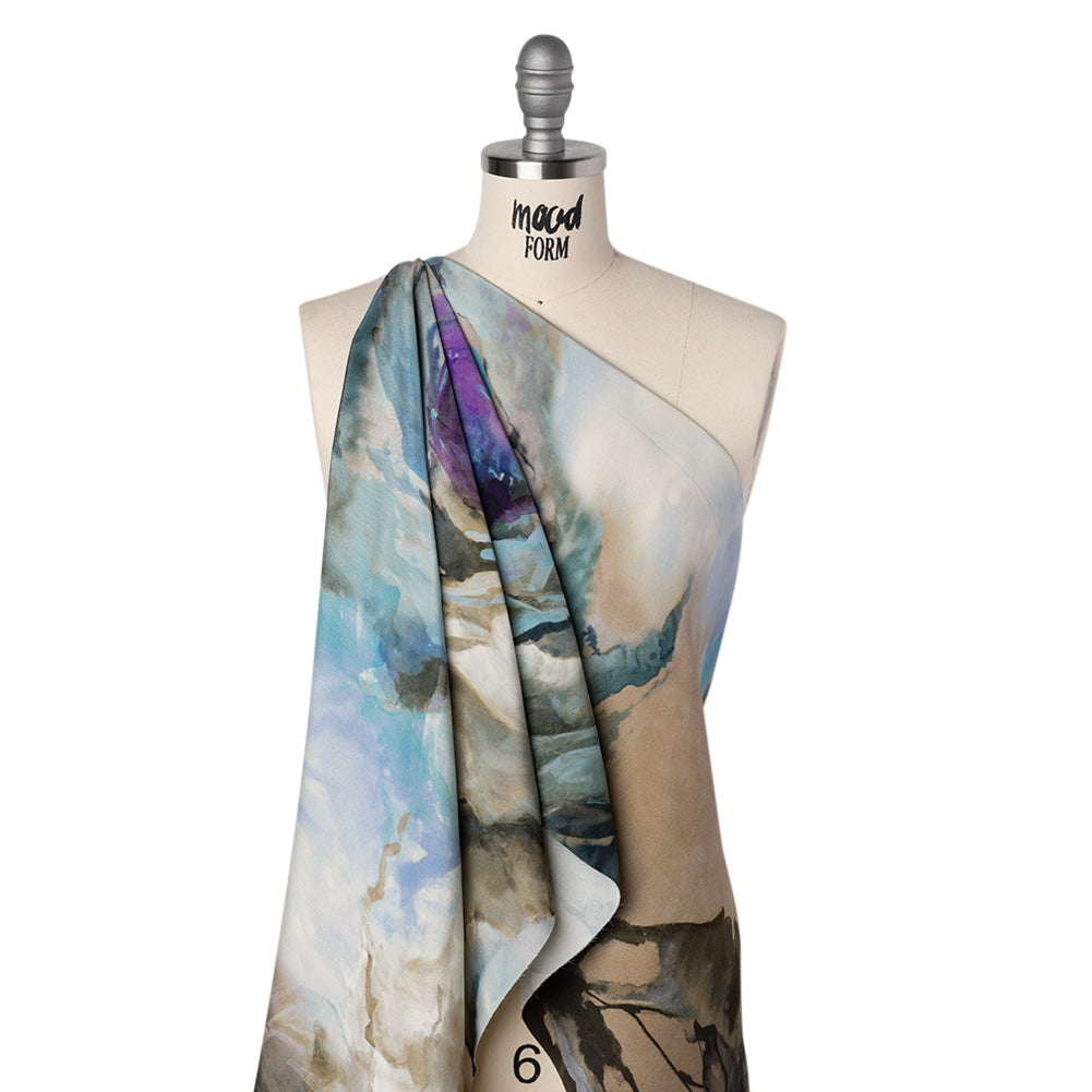 Silk Crepe Print Made in Italy - Blue, Purple and Brown Painterly Florals - Deadstock - Folded