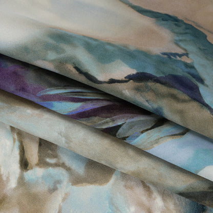 Silk Crepe Print Made in Italy - Blue, Purple and Brown Painterly Florals - Deadstock