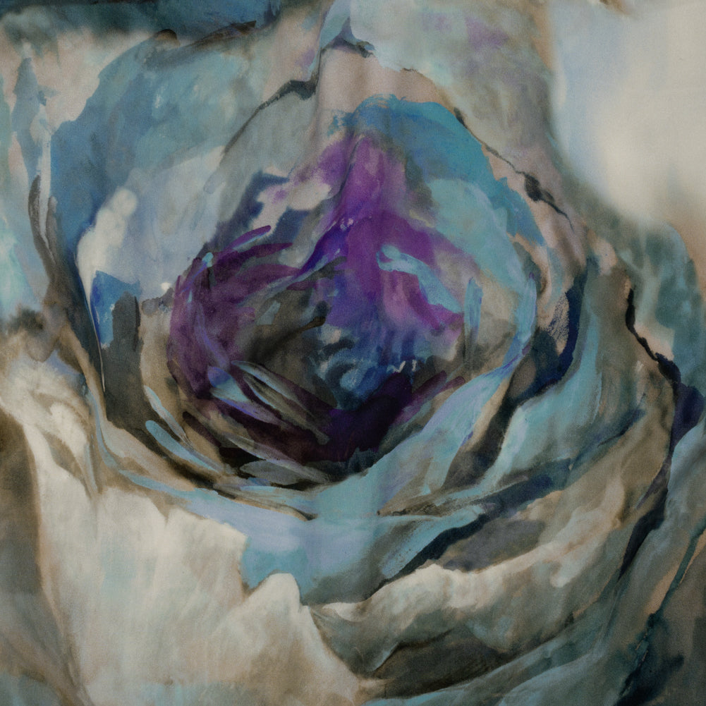 Silk Crepe Print Made in Italy - Blue, Purple and Brown Painterly Florals - Deadstock - Drape