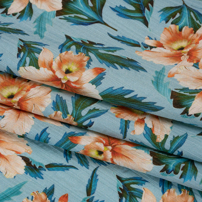 Texture Stripe Silk Dobby Made in Italy - Sky Blue, Peach and Teal Flowers and Leaves - Deadstock