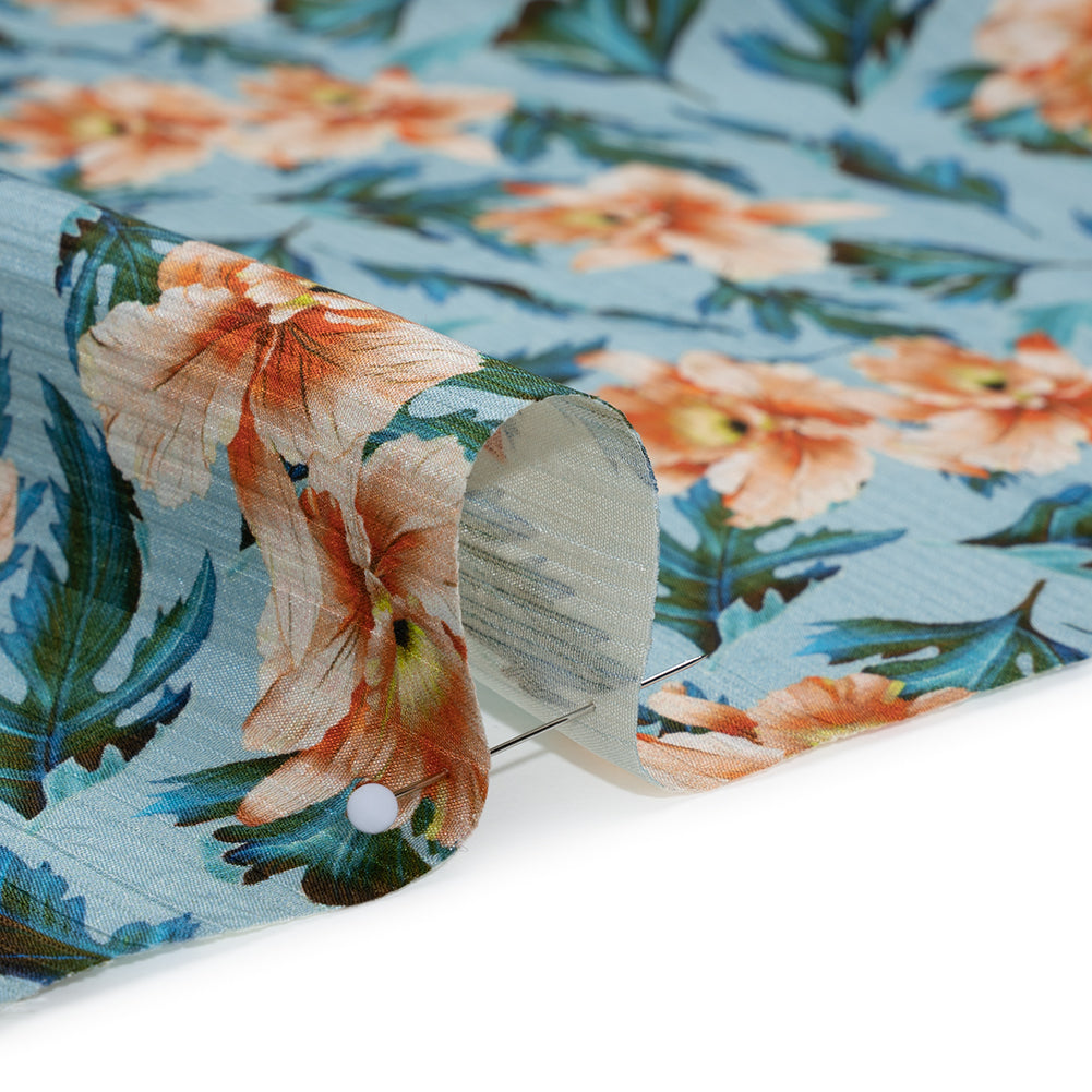 Texture Stripe Silk Dobby Made in Italy - Sky Blue, Peach and Teal Flowers and Leaves - Deadstock - Detail