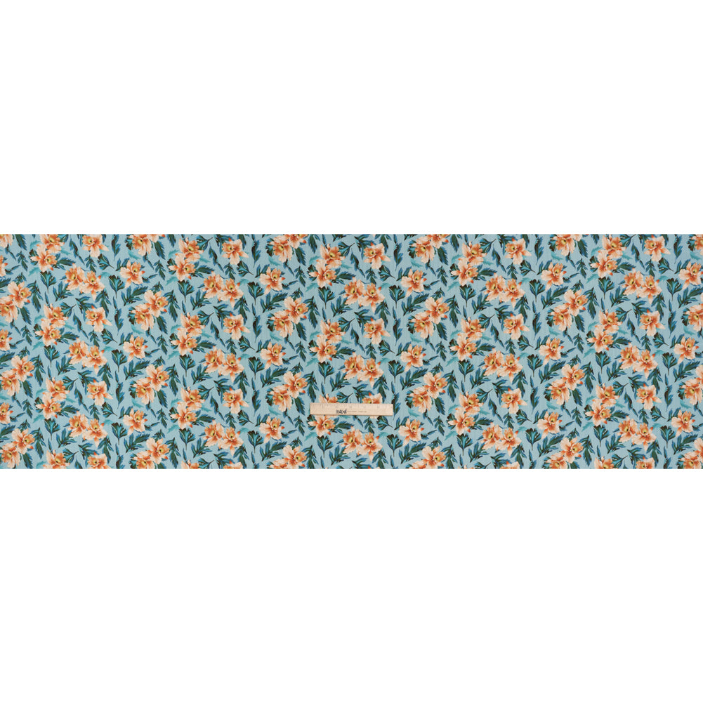 Texture Stripe Silk Dobby Made in Italy - Sky Blue, Peach and Teal Flowers and Leaves - Deadstock - Full
