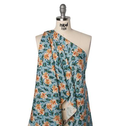 Texture Stripe Silk Dobby Made in Italy - Sky Blue, Peach and Teal Flowers and Leaves - Deadstock