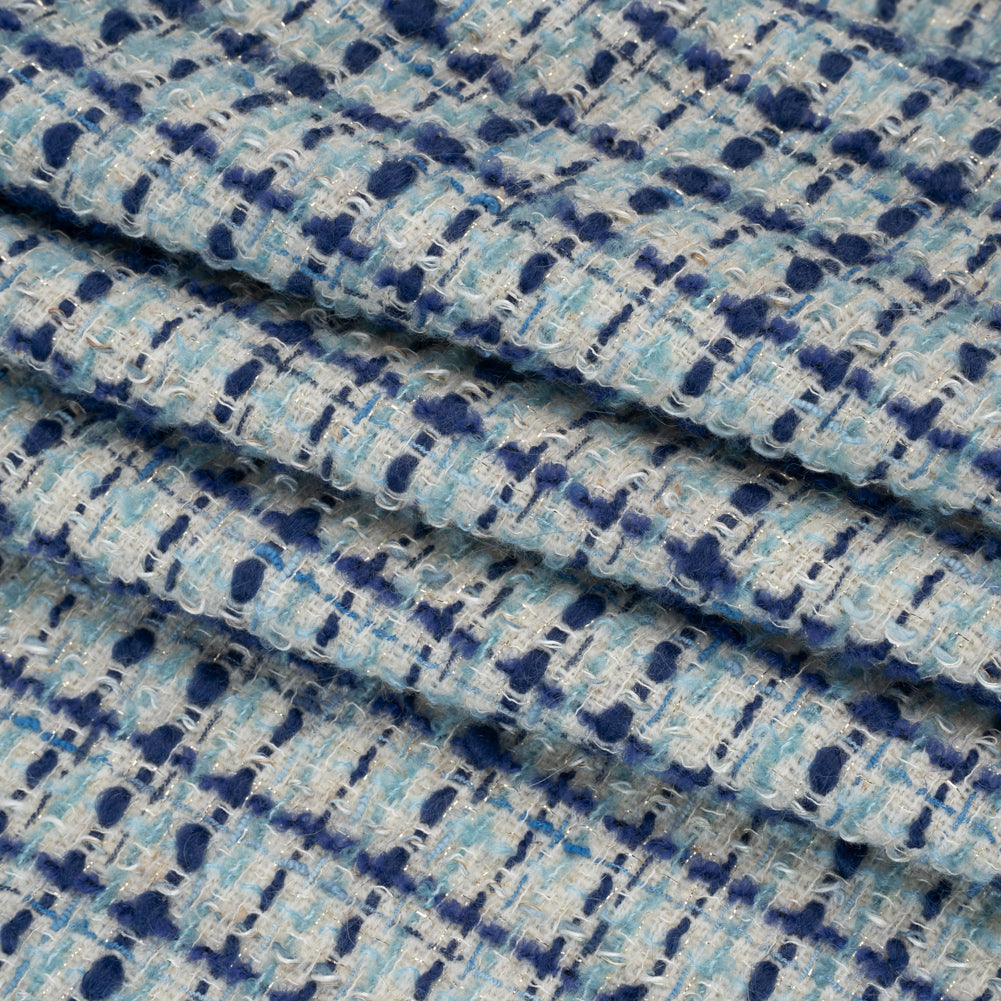 Metallic Wool Blend Boucle Tweed Made in Italy - White, Sky Blue and Cobalt Checks
