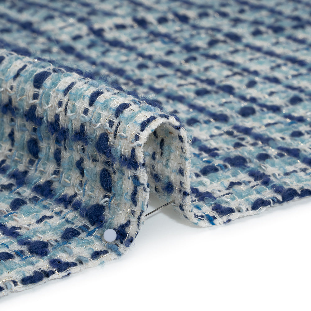Metallic Wool Blend Boucle Tweed Made in Italy - White, Sky Blue and Cobalt Checks