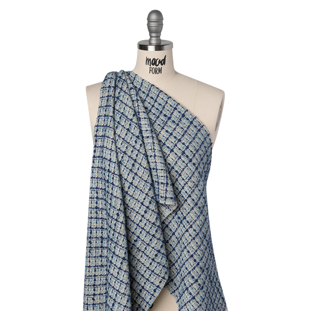 Metallic Wool Blend Boucle Tweed Made in Italy - White, Sky Blue and Cobalt Checks
