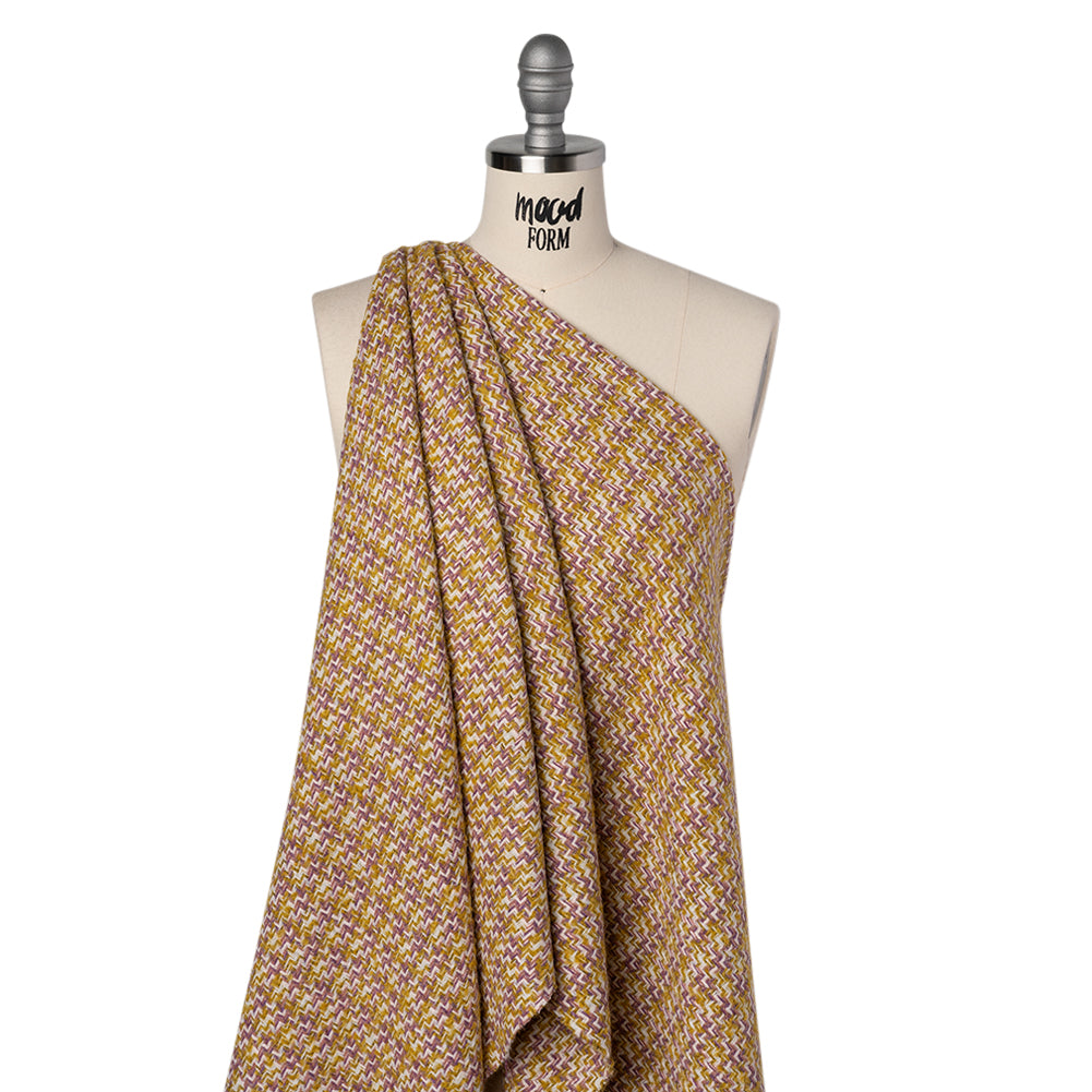 Wool Blend Tweed Twill Made in Italy - Mustard Yellow, White and Light Purple