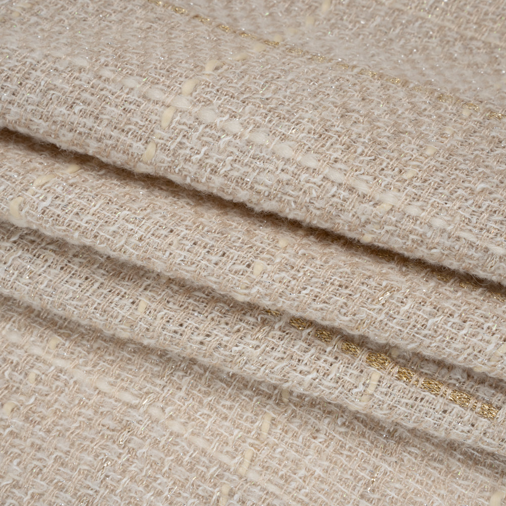 Metallic Wool Blend Tweed Made in Italy - Oatmeal, White and Gold Textured Windowpane Checks - Deadstock Folded