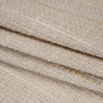 Metallic Wool Blend Tweed Made in Italy - Oatmeal, White and Gold Textured Windowpane Checks - Deadstock Folded