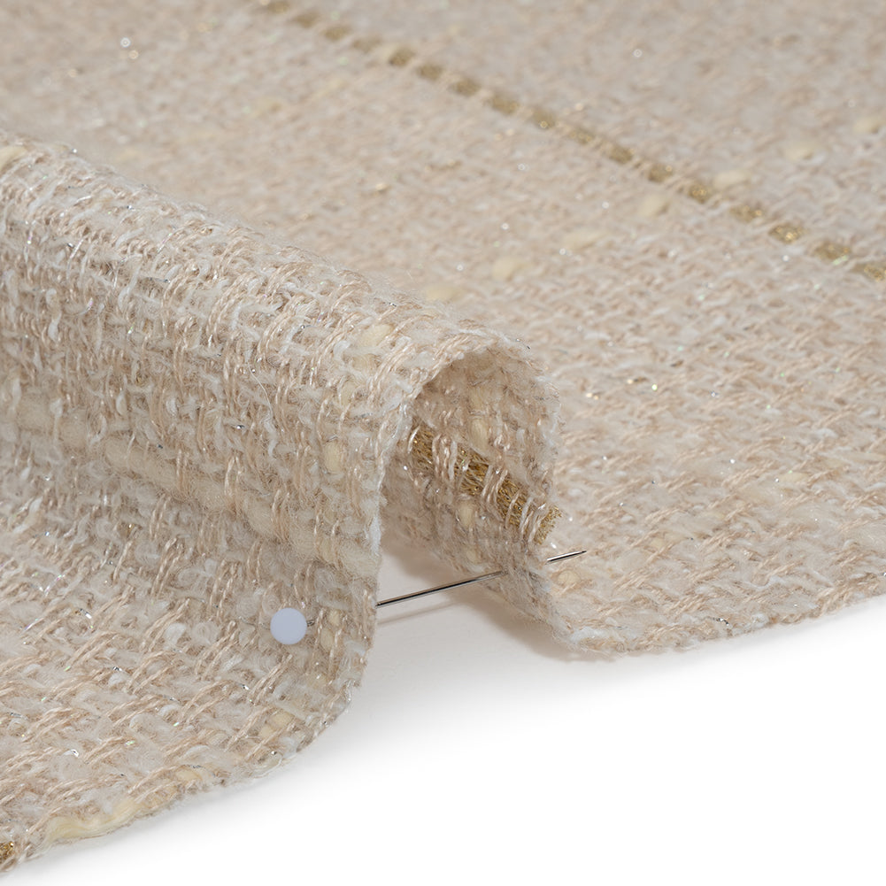 Metallic Wool Blend Tweed Made in Italy - Oatmeal, White and Gold Textured Windowpane Checks - Deadstock Detail