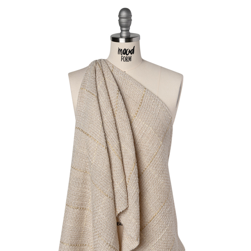 Metallic Wool Blend Tweed Made in Italy - Oatmeal, White and Gold Textured Windowpane Checks - Deadstock Drape