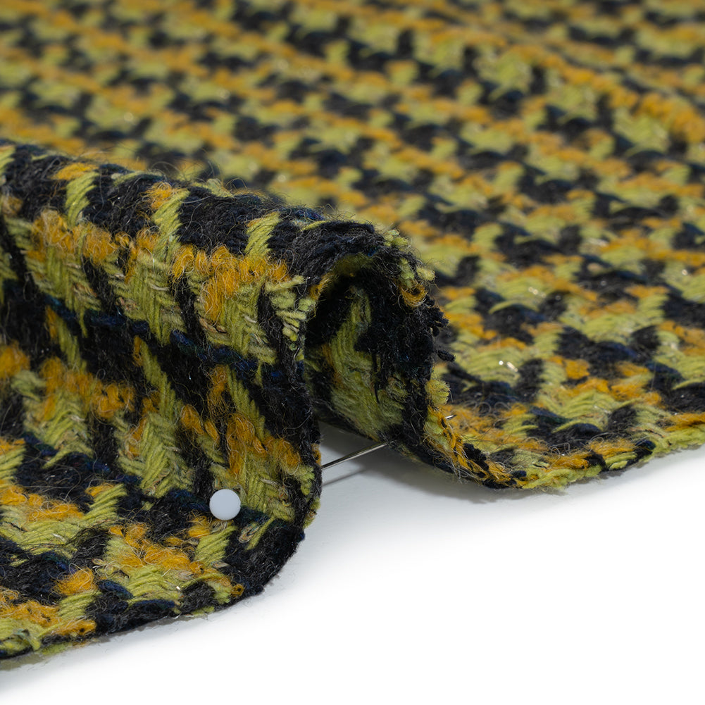 Metallic Wool Blend Tweed Boucle Twill Made in Italy - Forest Green, Lime and Mustard Yellow Houndstooth - Deadstock Detail