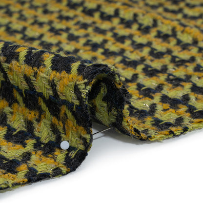 Metallic Wool Blend Tweed Boucle Twill Made in Italy - Forest Green, Lime and Mustard Yellow Houndstooth - Deadstock Detail