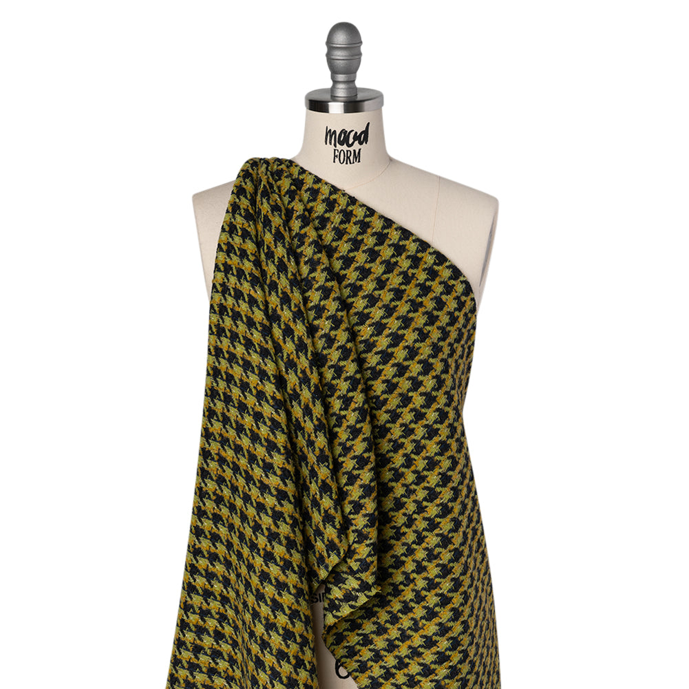 Metallic Wool Blend Tweed Boucle Twill Made in Italy - Forest Green, Lime and Mustard Yellow Houndstooth - Deadstock Drape