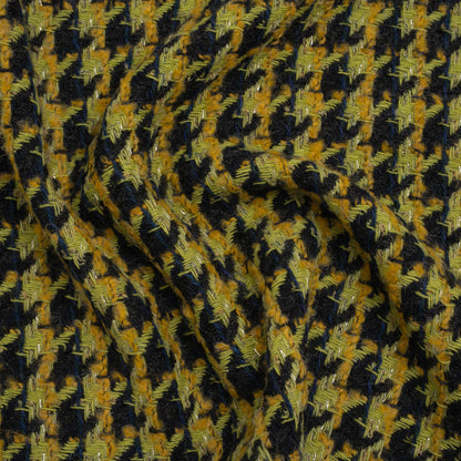 Metallic Wool Blend Tweed Boucle Twill Made in Italy - Forest Green, Lime and Mustard Yellow Houndstooth - Deadstock