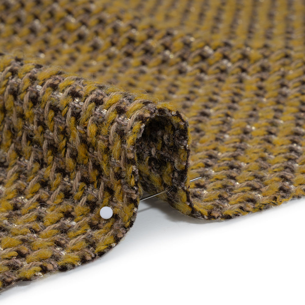 Metallic Tweedy Wool Blend Boucle Woven Made in Italy - Mustard Yellow, Brown and Gold